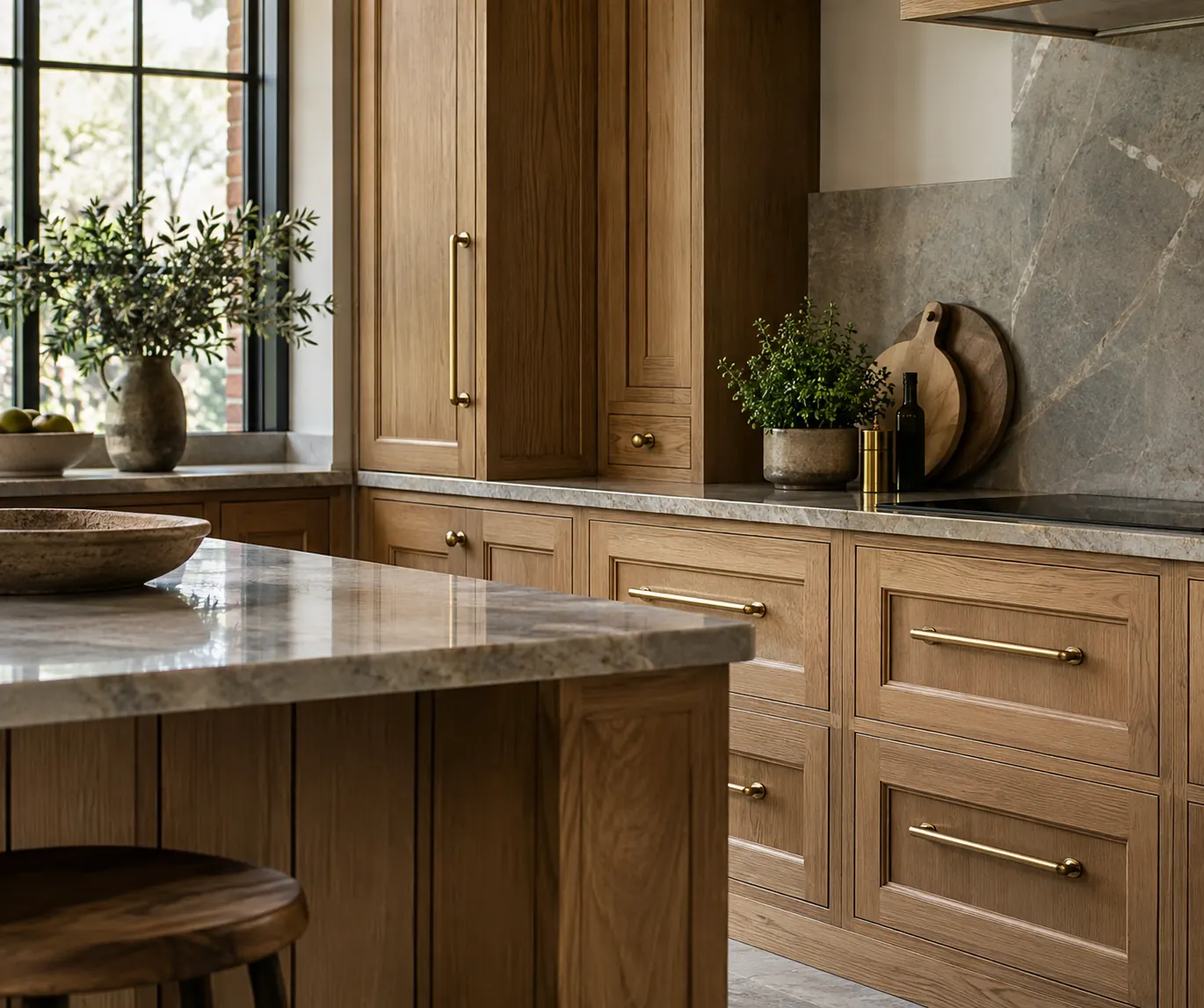 Concept image of detailed oak cabinetry and a stone worktop